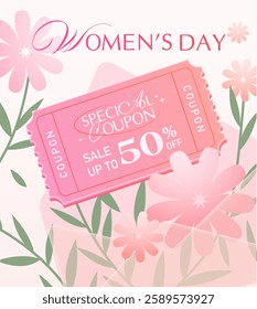 New Woman day Coupon banner template with coupon code, price off percentage isolated on gradient background with flowers and leafs. Woman day gift voucher in vector