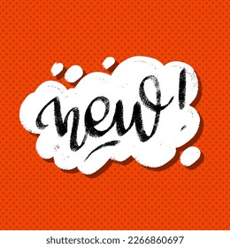 New word in speech bubble hand lettering design template. Typography vector background. Handmade calligraphy comic style. Surprise square banner pop art cartoon look.