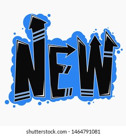 NEW word-sign black on blue liquid, lettering, freehand graffiti style. Vector illustration, template for shopping and web