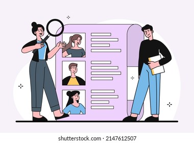 New worker concept. Girl with magnifying glass looks through resumes of employees. Recruitment to company and staff expansion. Interview and talented candidate. Cartoon flat vector illustration