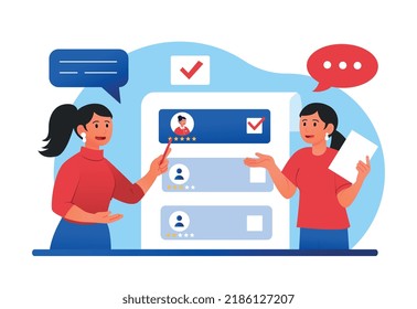 New worker concept. Women evaluating potential candidates for vacancy. Company recruitment, staff expansion and HR managers, employees read resumes, make choice. Cartoon flat vector illustration
