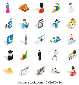 New worker icons set. Isometric set of 25 new worker vector icons for web isolated on white background