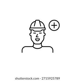 Novo trabalhador, atualização do site. Homem de chapéu duro e sinal de mais. Pixel perfeito, ícone de vetor de traçado editável