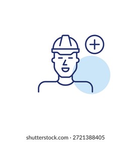Nuevo trabajador, Actualizar del sitio. Hombre de casco y signo más. Icono de Vector de trazo perfecto y editable