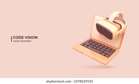 New Workflow Teamwork in Augmented Reality- 3D Concept. Realistic 3d design of Laptop and VR Glass. Vector illustration in cartoon minimal style.