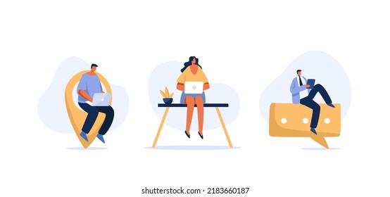 New working lifestyle. Working style of male and female employees with laptops. Work off site, responding to chatboxes. flat character illustration.