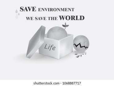 The new world in box with the old world is decadent placed on side, Save environment we save the world, Gray tone design.