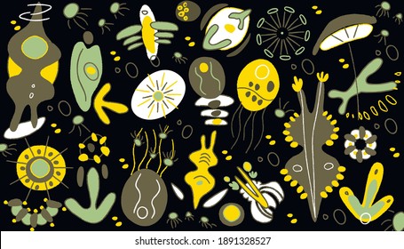 The new world is a collection of abstract
colored figures. There was no intention of drawing anything specific, but the figures resemble what we see under a microscope.