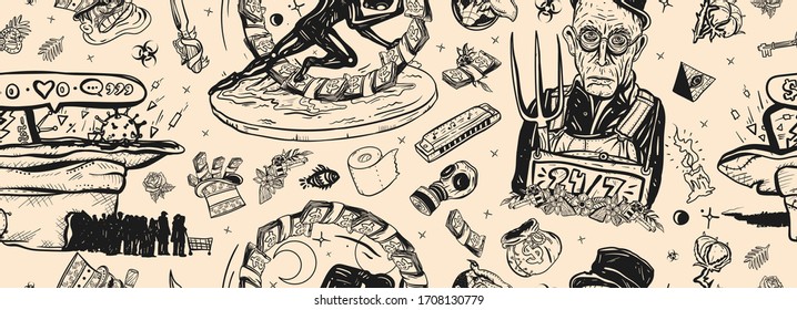 New World Great Depression. Seamless pattern. Millions of unemployed. Straw hat. Hungry rich man search job. Crash of exchange market. Financial crisis. Old school tattoo art. Beggars. Total lockdown 