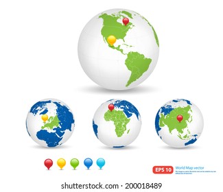 New world map with globe and pin marker location vector format  vector format
