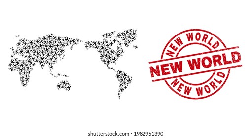 Neue Welt kratzte Stempel und Weltkarte Collage von Luftwaffenartikeln. Collage Weltkarte aus Flugzeugen. Rotes Siegel mit New World Text und unscharfer Kautschukstruktur.