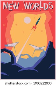 New Worlds Space Age Poster, Retro Future Illustration Mid Century Modern Style