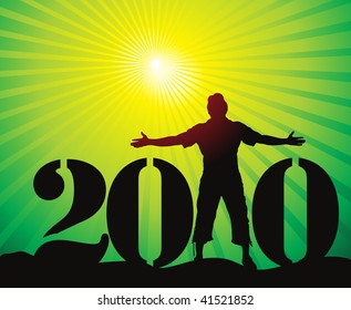 new year 2010 with compose in man raising his hands. Vector illustration