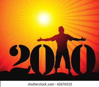 new year 2010 with compose in man raising his hands. Vector illustration