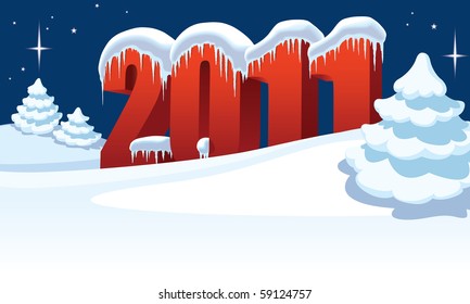 New Year 2011 and Christmas trees on winter white background