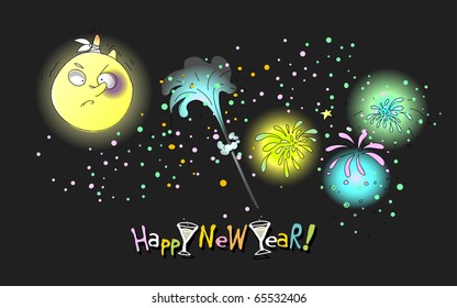 new year 2011 with firecrackers, funky cartoon greeting card