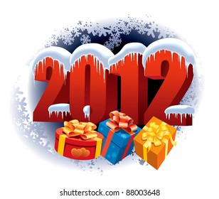 New Year 2012 and Christmas gifts on winter white background