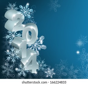 A New Year 2014 Background with 3d ornaments with the year on them and a ribbon reading Happy New Year, framing cpyspace on the right