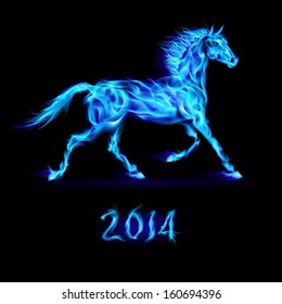 New Year 2014: blue fire horse on black background.
