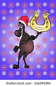 New year 2014 year of the blue horse. Picture of a horse with a golden horseshoe 