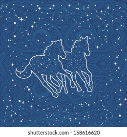 New year 2014 card with horses | Blue card with eastern pattern and horses silhouettes