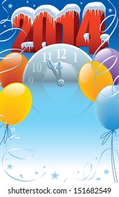 New Year 2014 with clock and balloons decoration 
