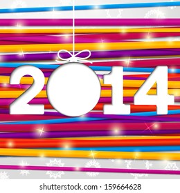 New Year 2014 greeting card made from bundle of bright laces on the paper with snowflakes. 2014 cut through the paper.  With shining glares. With free place for your text.