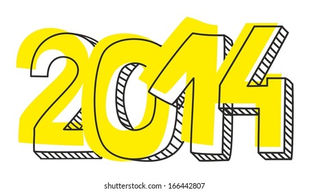 New Year 2014 hand drawn vector sign or doodle number symbol draft with yellow highlighter. Highlighting message isolated on white background.