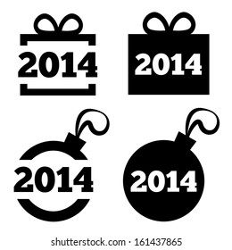 New Year 2014 icons. Vector black icons set. Christmas gift box, ball. Flat icons. Isolated on white background.