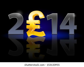 New Year 2014: metal numerals with english pound instead of zero having weak reflection. Illustration on black background.