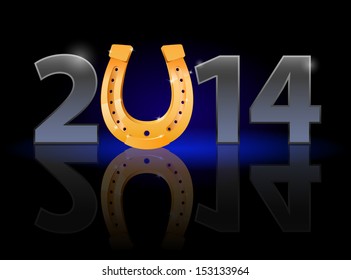 New Year 2014: metal numerals with golden horseshoe instead of zero having weak reflection. Illustration on black background.