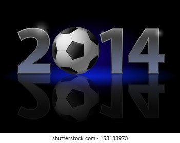 New Year 2014: metal numerals with football instead of zero having weak reflection. Illustration on black background.