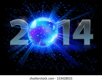 New Year 2014: metal numerals with disco ball instead of zero. Illustration on black background.