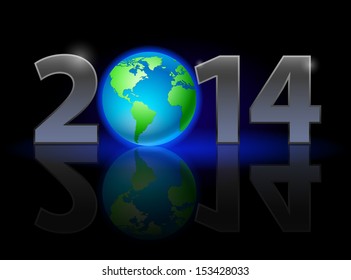 New Year 2014: metal numerals with Earth instead of zero having weak reflection. Illustration on black background.