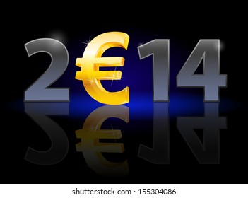 New Year 2014: metal numerals with euro instead of zero having weak reflection. Illustration on black background.