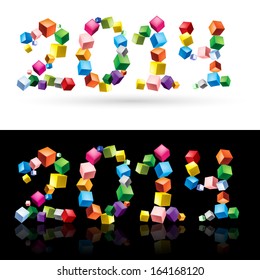 New Year 2014 number made of colorful cubes on white and black backgrounds.  