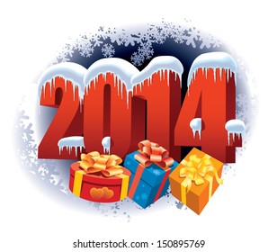 New Year 2014 number on winter background with snowflakes and gifts 