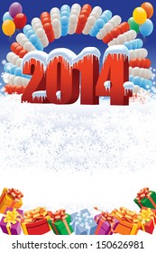 New Year 2014 on white winter background with balloons and gifts 