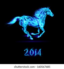 New Year 2014: running blue fire horse on black background.