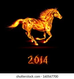 New Year 2014: running fire horse on black background.