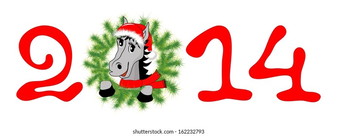 New Year 2014. Vector illustration with original figures, a wreath and a horse on a white background