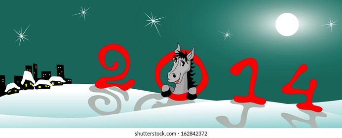 New Year 2014. Vector illustration with original figures against a night winter landscape