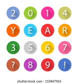 New Year 2014 white title text. Figures 1, 2, 3, 4, 5, 6, 7, 8, 9, 0. Flat circle icon blue, brown, cobalt, gray, green, indigo, magenta, orange, pink, purple, red, violet, yellow colors. Vector eps