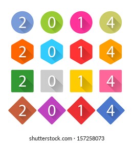 New Year 2014 white title text. Figures 1, 2, 3, 4, 5, 6, 7, 8, 9, 0. Flat icon blue, brown, cobalt, gray, green, indigo, magenta, orange, pink, purple, red, violet, yellow colors. Vector eps