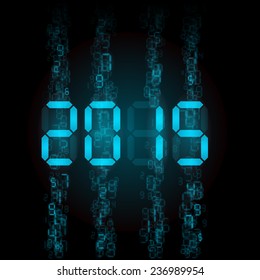 New Year 2015: blue digital numerals on black.