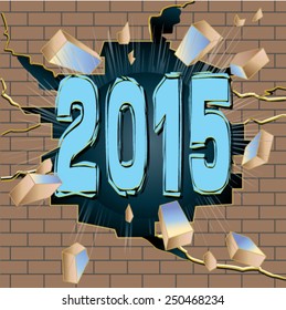 New year 2015 breaking through brown brick wall.