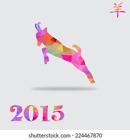 New Year 2015 card with goat silhouette made by colorful geometric triangles. Chinese astrological sign. New year background, invitation, greeting card, design element. Chinese calligraphy.