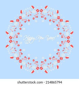 New Year 2015 card with snowflakes, socks, snowflakes and Christmas ball.
