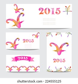 New Year 2015 cards set with goat heads made by colorful geometric triangles. Chinese astrological sign. New year background, invitation, greeting card, design element. Chinese calligraphy.