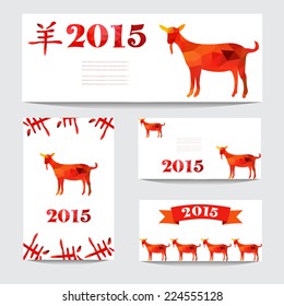 New Year 2015 cards set with goat silhouette made by colorful geometric triangles. Chinese astrological sign. New year background, invitation, greeting card, design element. Chinese calligraphy.
